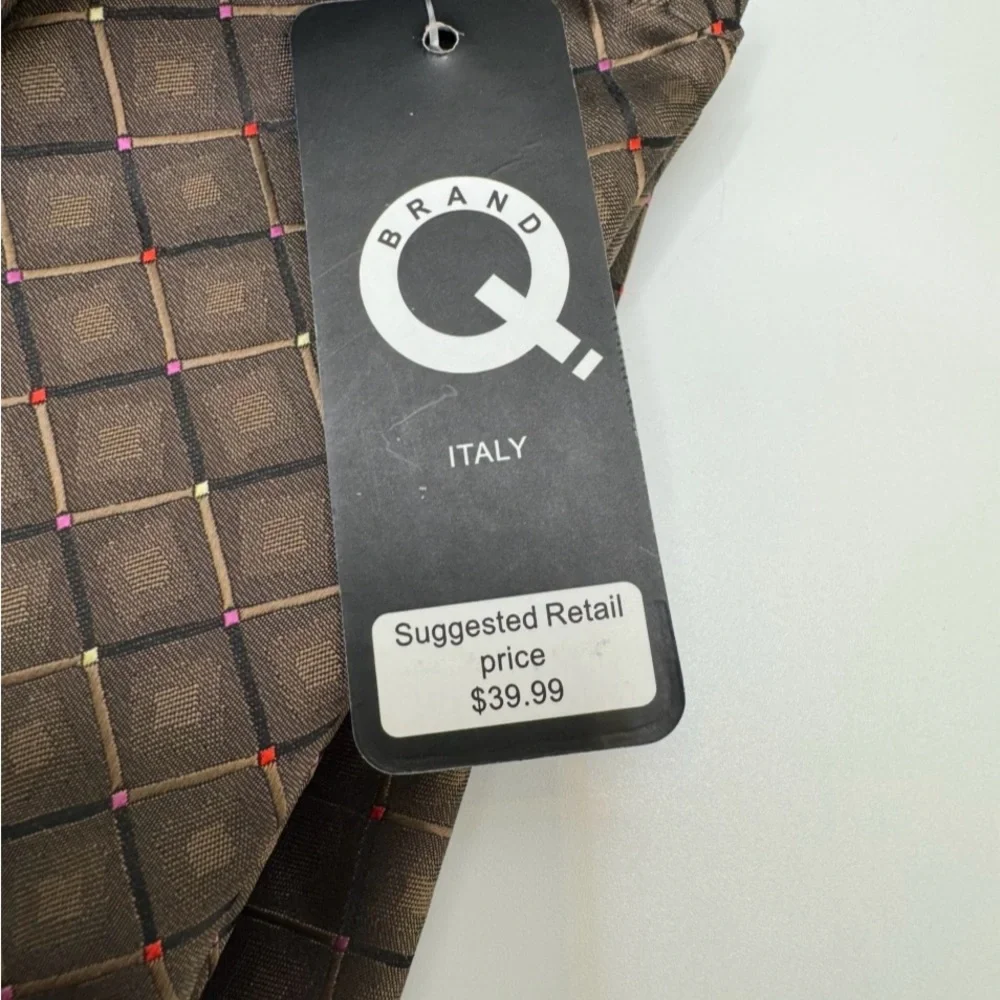 NWT Brand Q Black Brown Men Neck tie & Pocket Square Hankie Set Italy